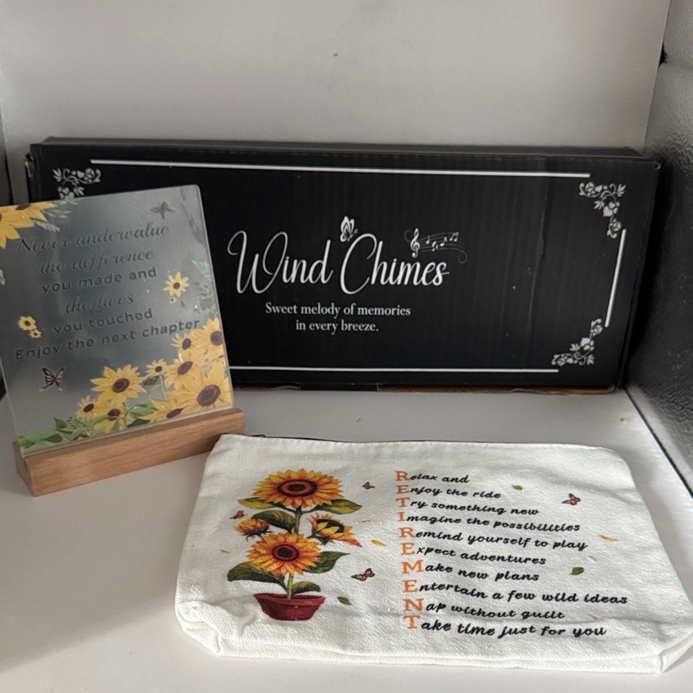 Retirement themed  bundle  Pouch /plaque & wind chime with Inspirational Quote